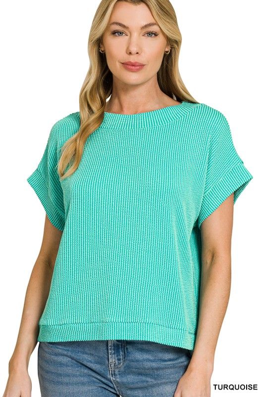 Ribbed Cap Sleeve Top, Turquoise