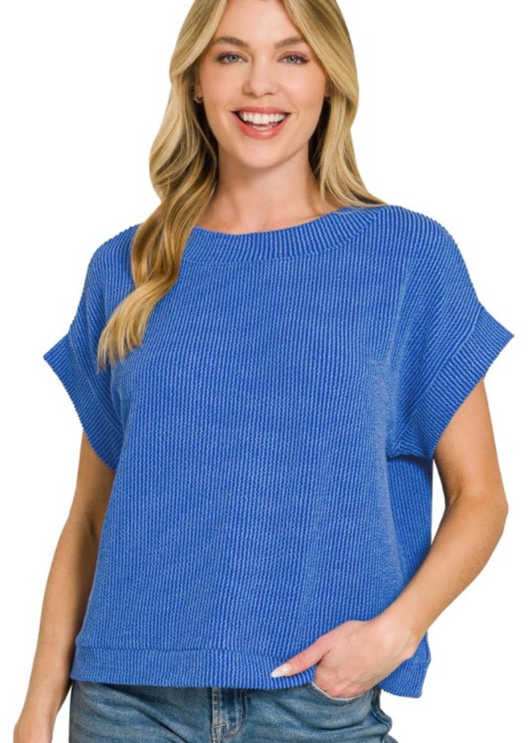 Ribbed Cap Sleeve Top, Blue