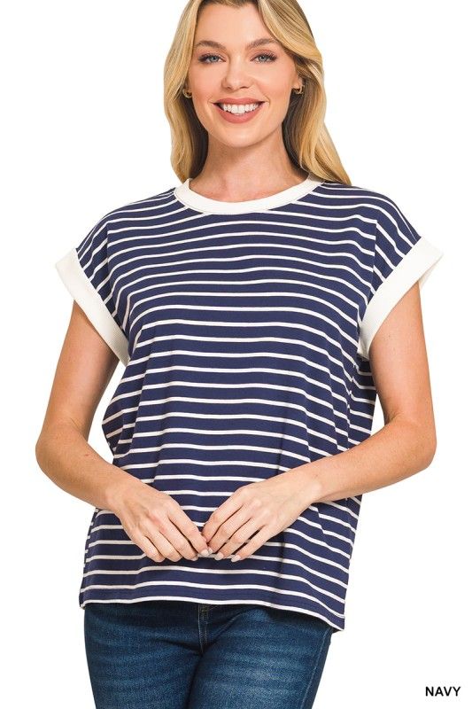 Striped Cap Sleeve Top, Navy