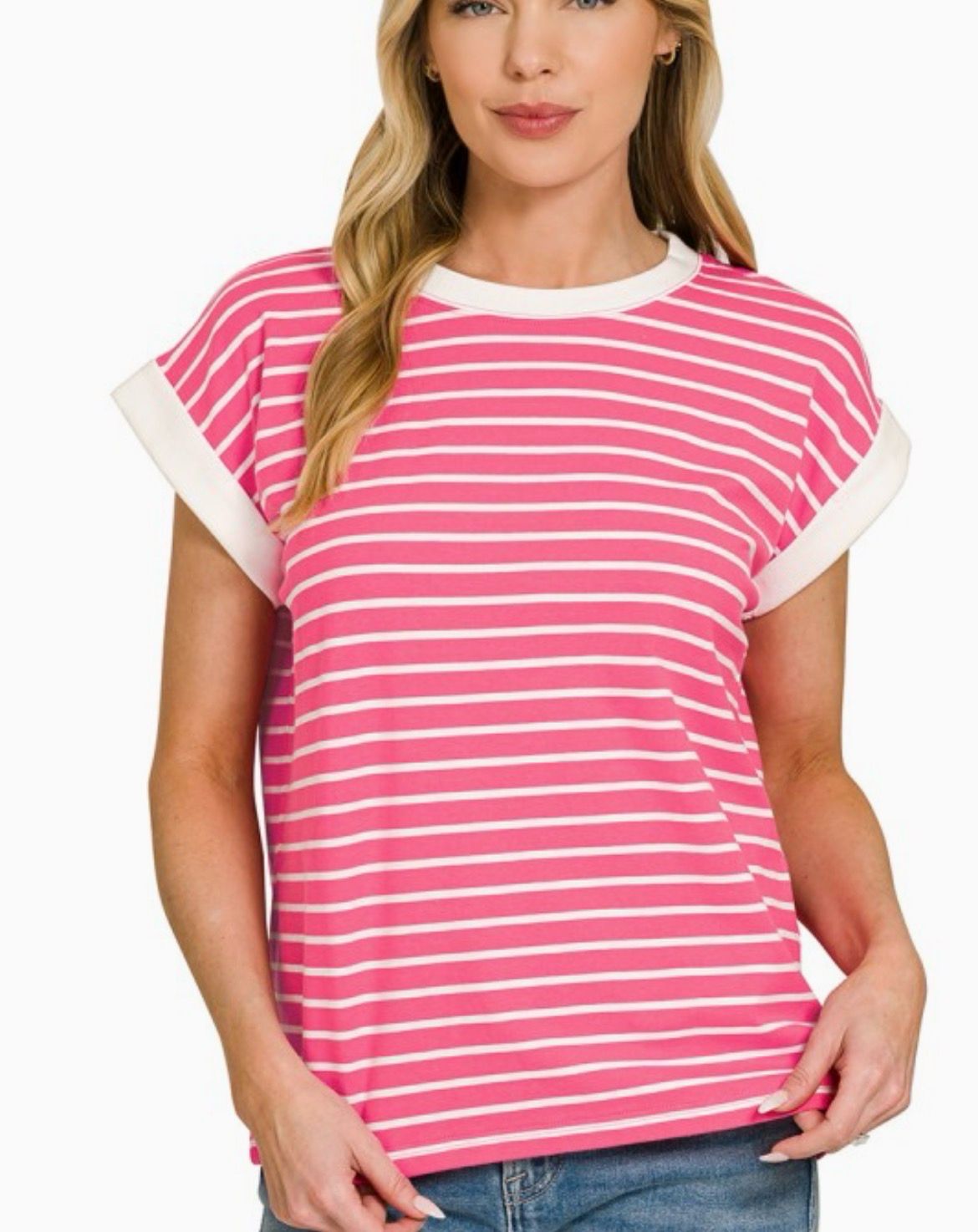Striped Cap Sleeve Top, Fuchsia