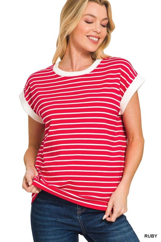 Striped Cap Sleeve Top, Ruby