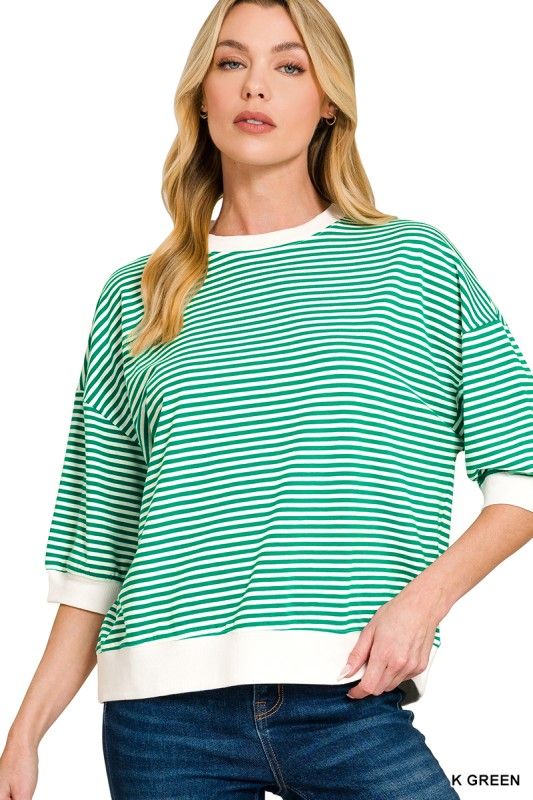 Jane Dolman Top, Green Stripe