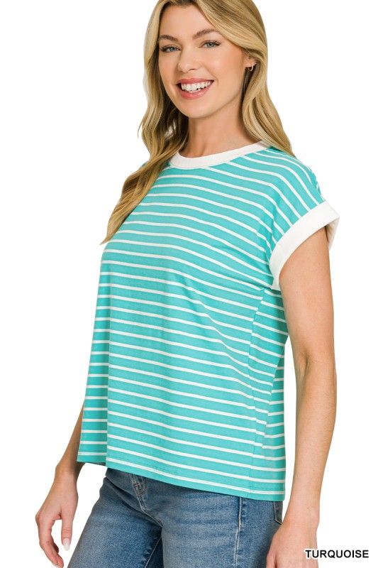 Striped Cap Sleeve Top, Turquoise