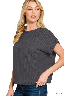 Ribbed Cap Sleeve Top, Black