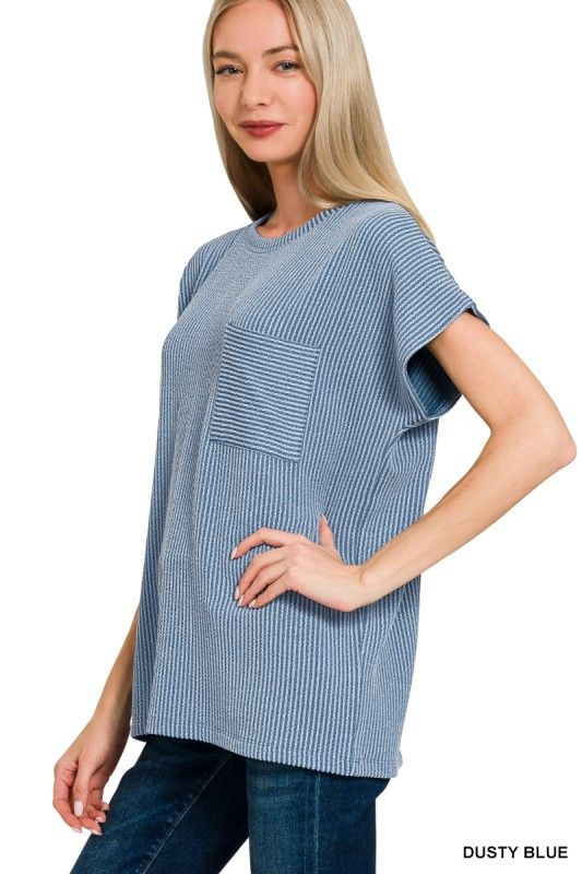 Ribbed Pocket Top, Dusty Blue