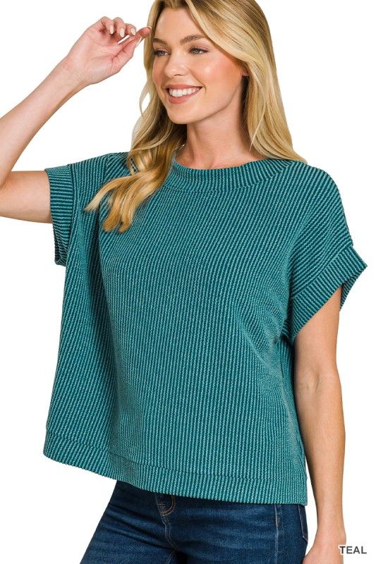 Ribbed Cap Sleeve Top, Teal
