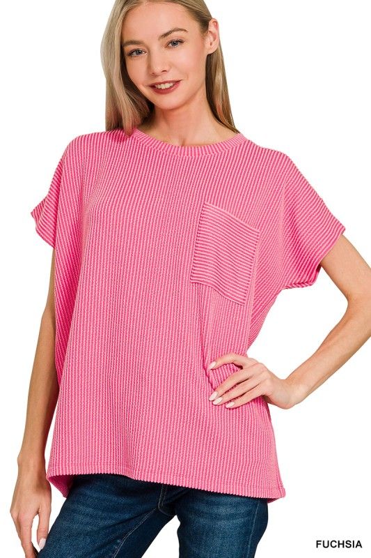Ribbed Pocket Top, Fuchsia