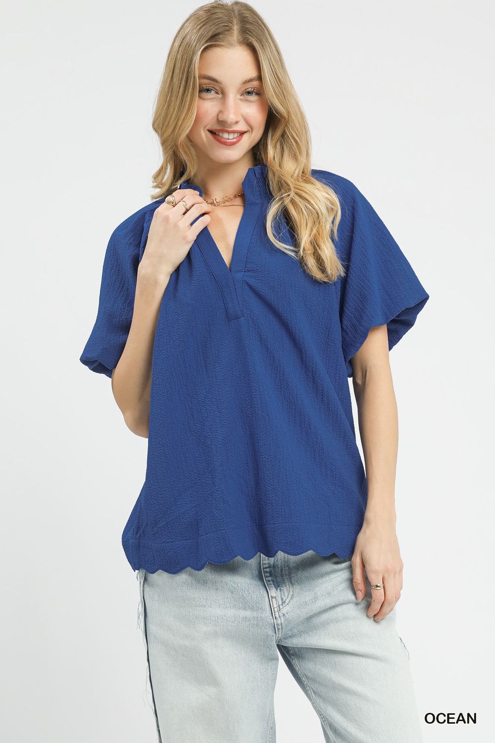 Scalloped Hem Blouse, Ocean