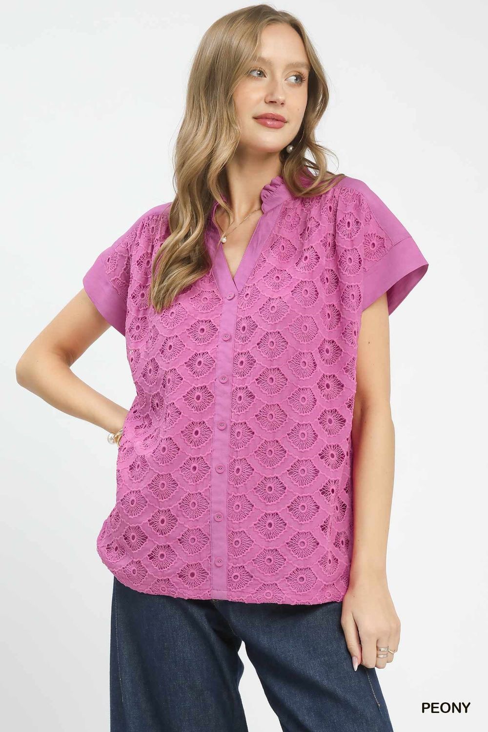 Lace Button Front Blouse, Peony
