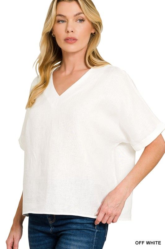 Linen V-Neck Top, Cream