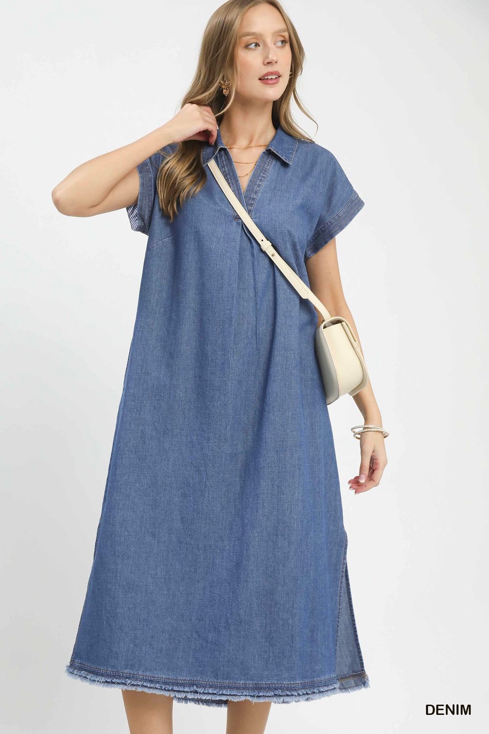 Stone Washed Collared Denim Midi Dress