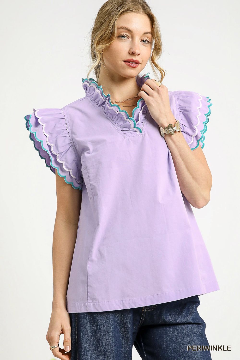 Scallop Trim Ruffle Sleeve Top, Periwinkle