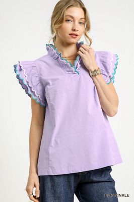 Scallop Trim Ruffle Sleeve Top, Periwinkle