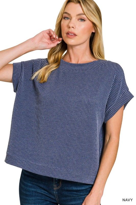 Ribbed Cap Sleeve Top, Navy