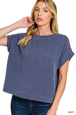 Ribbed Cap Sleeve Top, Navy