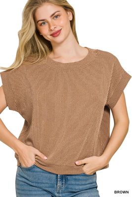 Ribbed Cap Sleeve Top, Brown