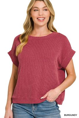 Ribbed Cap Sleeve Top, Burgundy