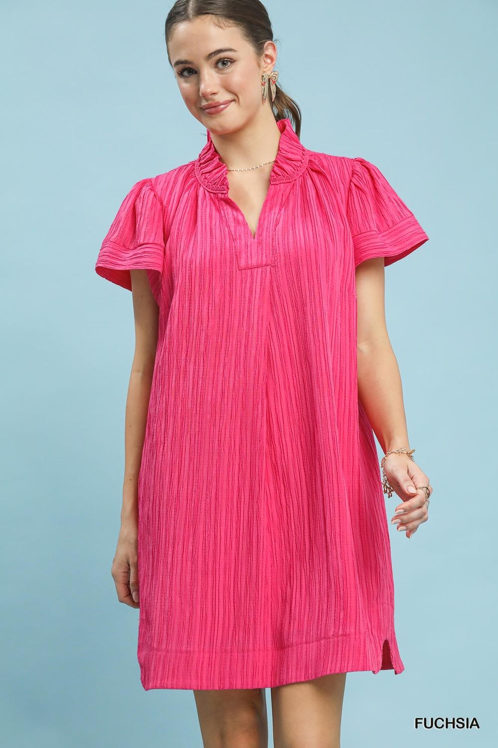 Flutter Sleeve V-Neck Shift Dress