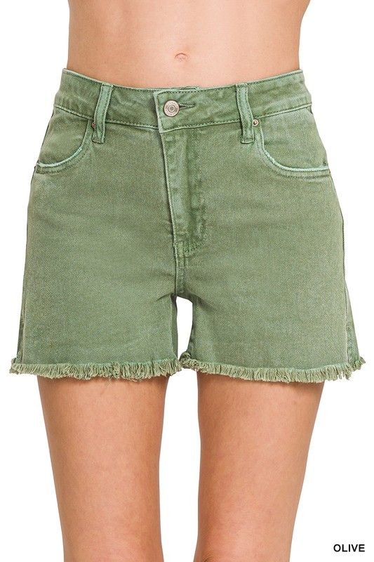 Frayed Hem Denim Shorts, Olive