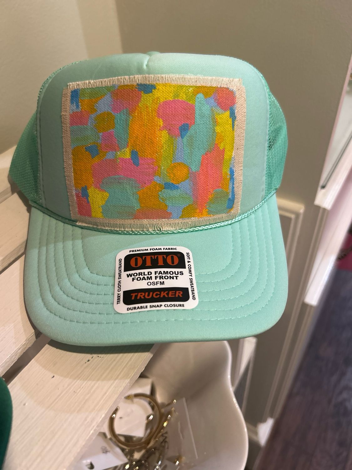 R.Anne Brim Trucker, Mint Green Abstract