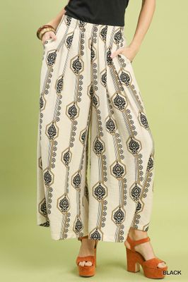 Geometric Print Wide Leg Pants, Black