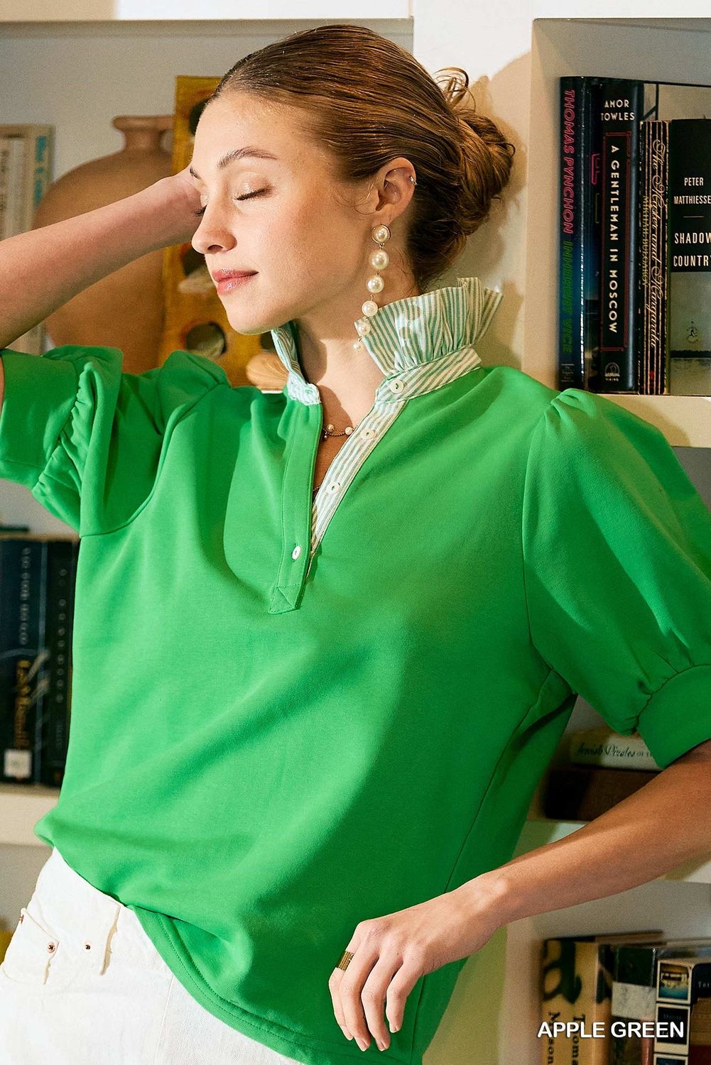 Striped Collar Popover Top, Green