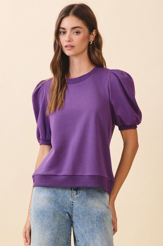 Puff Sleeve Knit Top, Purple