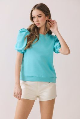 Puff Sleeve Knit Top, Aqua
