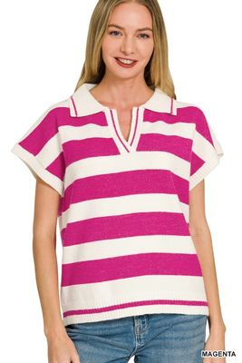 Striped SS Sweater, Magenta
