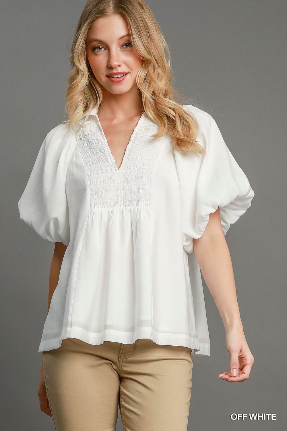 Smocked Neck Top, White