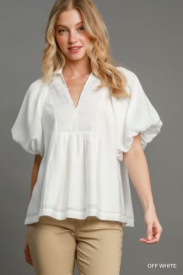 Smocked Neck Top, White