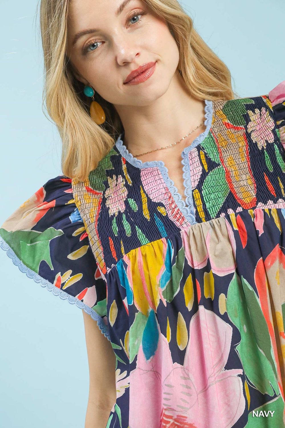Floral Smocked Top, Navy Print