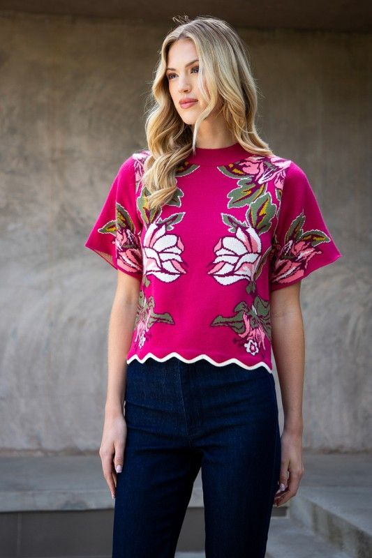 THML Floral Scallop Hem Sweater, Magenta