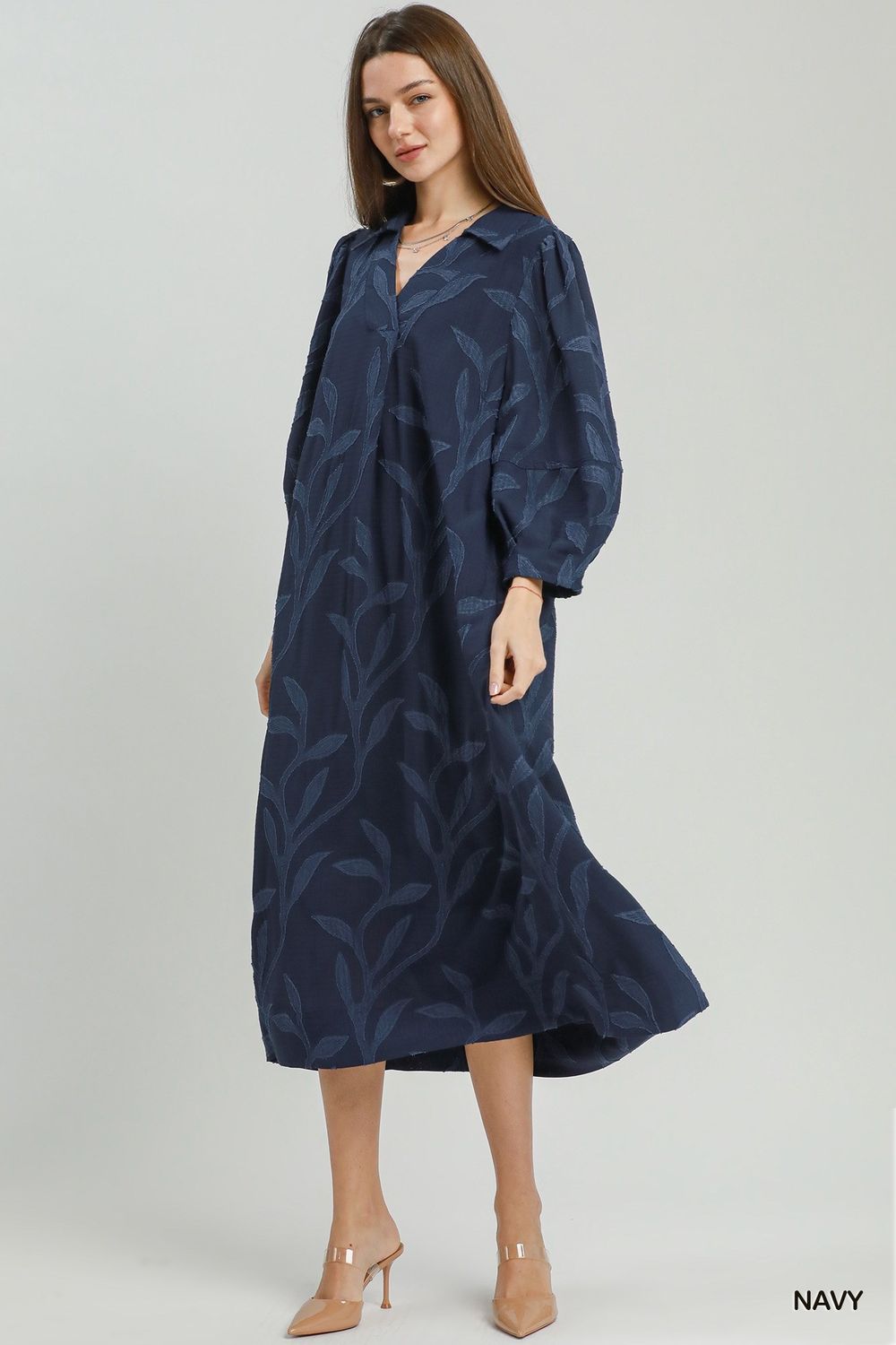 Jacquard Collared Midi Dress, Navy
