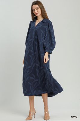 Jacquard Collared Midi Dress, Navy