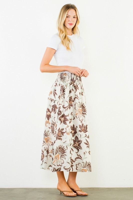 THML Fall Floral Midi Skirt, Cream