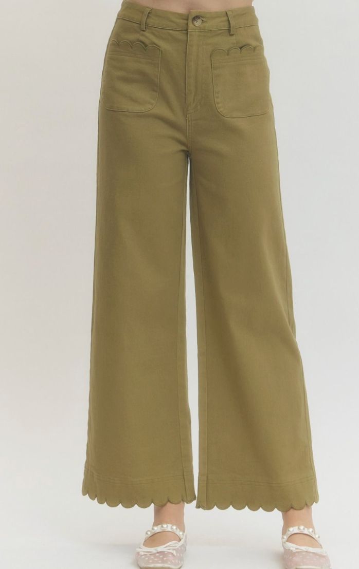 The Scallop Detail Wide Leg Pants, Olive