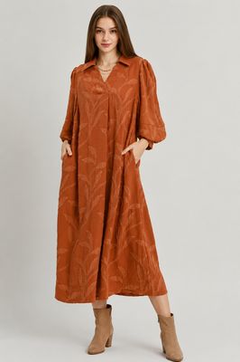 Jacquard Collared Midi Dress, Terracotta