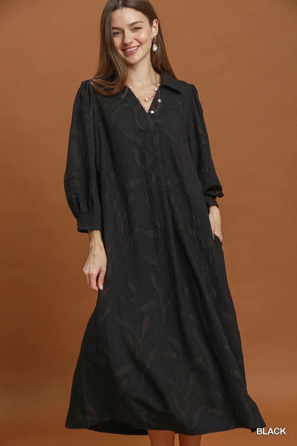 Jacquard Collared Midi Dress, Black