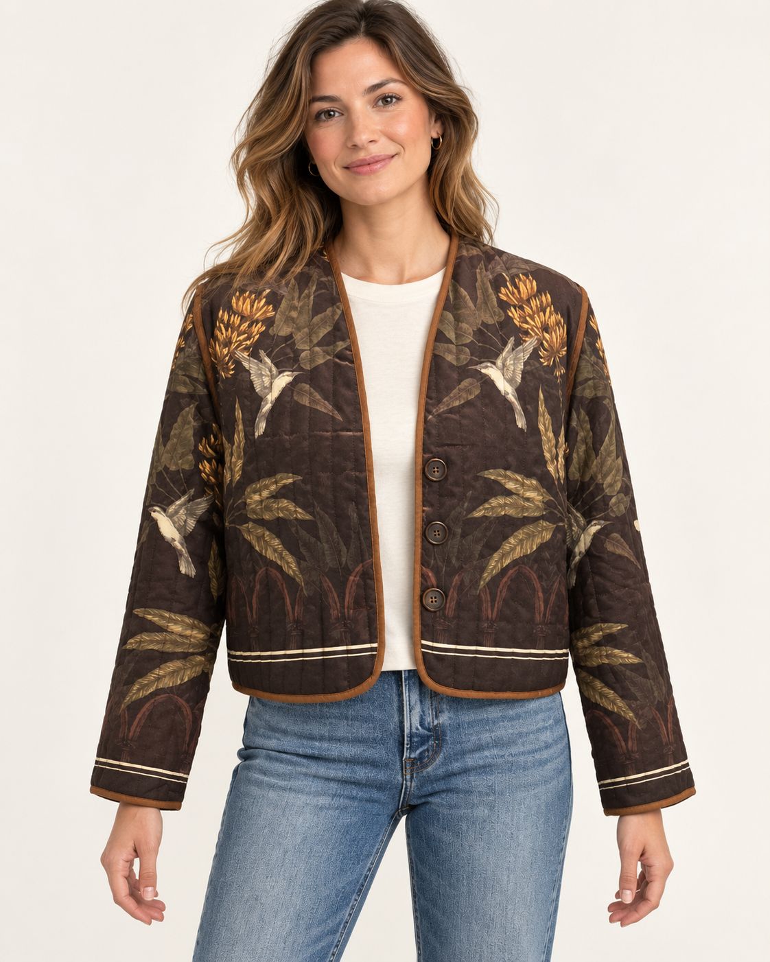 Botanical Print Quilted Jacket, Brown