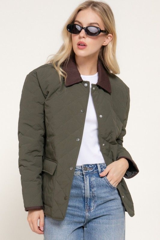 Lapel Collar Quilted Jacket, Olive