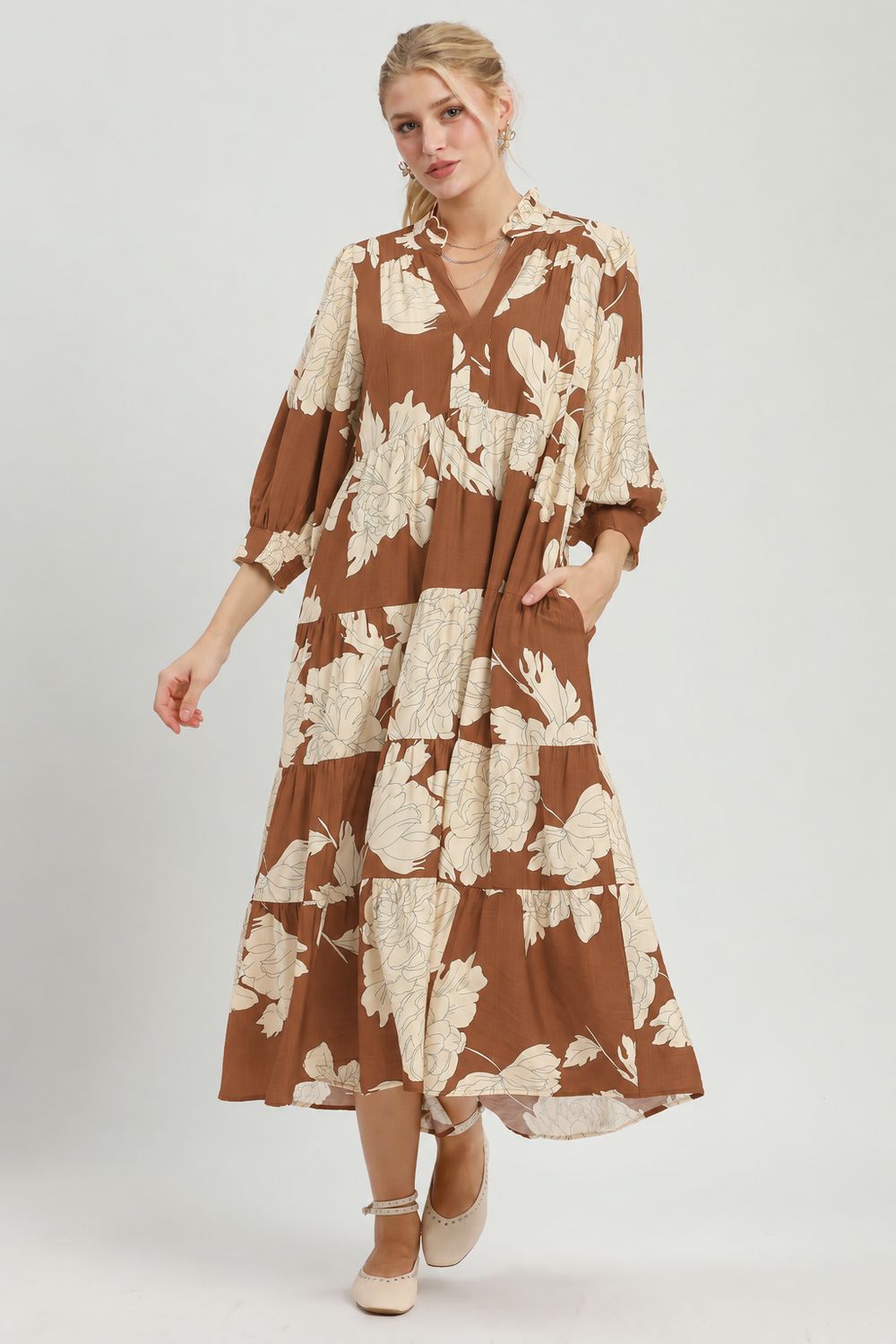 Brown Floral Midi Dress