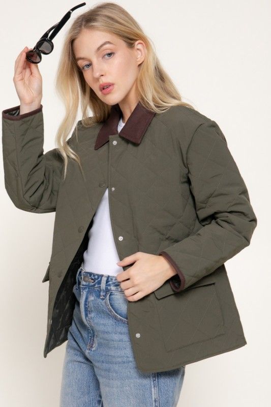 Lapel Collar Quilted Jacket, Olive