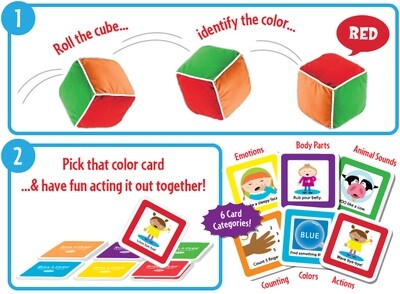 Roll &amp; Play - Cubo de felpa de colores con tarjetas de órdenes (en inglés)