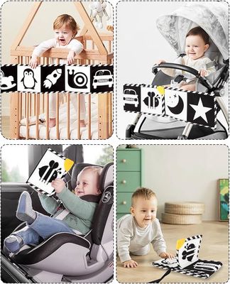 Libro de tela acordeón con figuras en alto contraste con mordedor y espejo