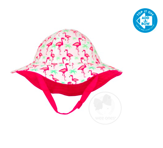 Wee Ones Girls Reversible Floppy Brim Pink & Green Flamingo Print Sun Hat