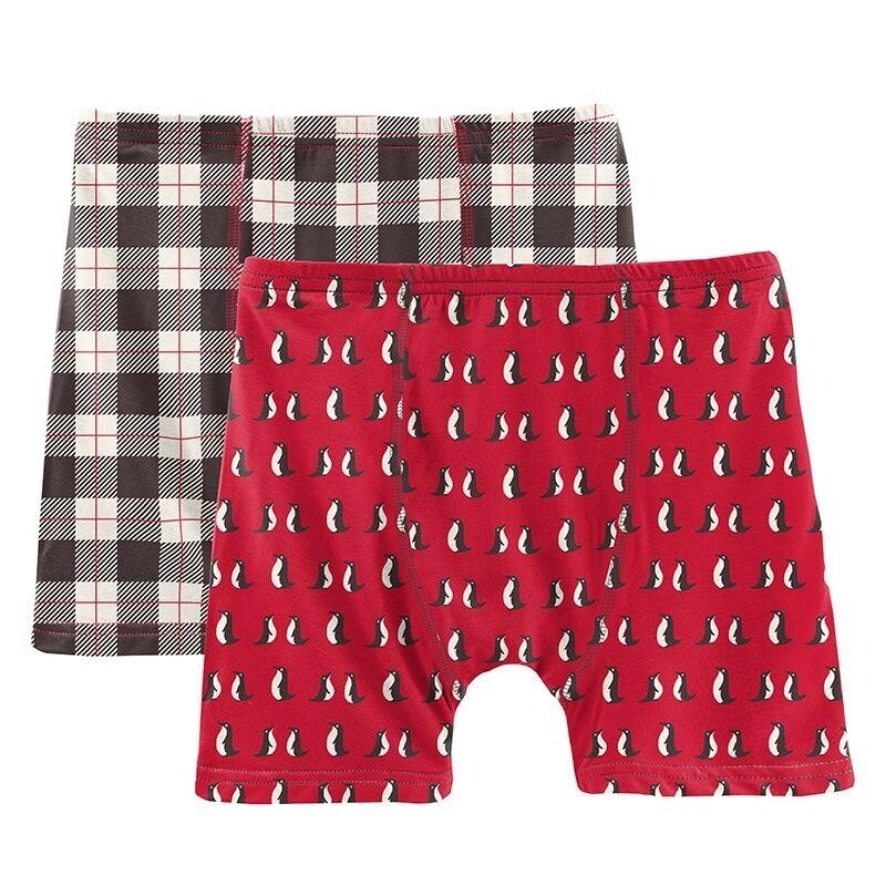 Kickee Pants Boxer Brief Set - crimson penquins and midnight holiday plaid