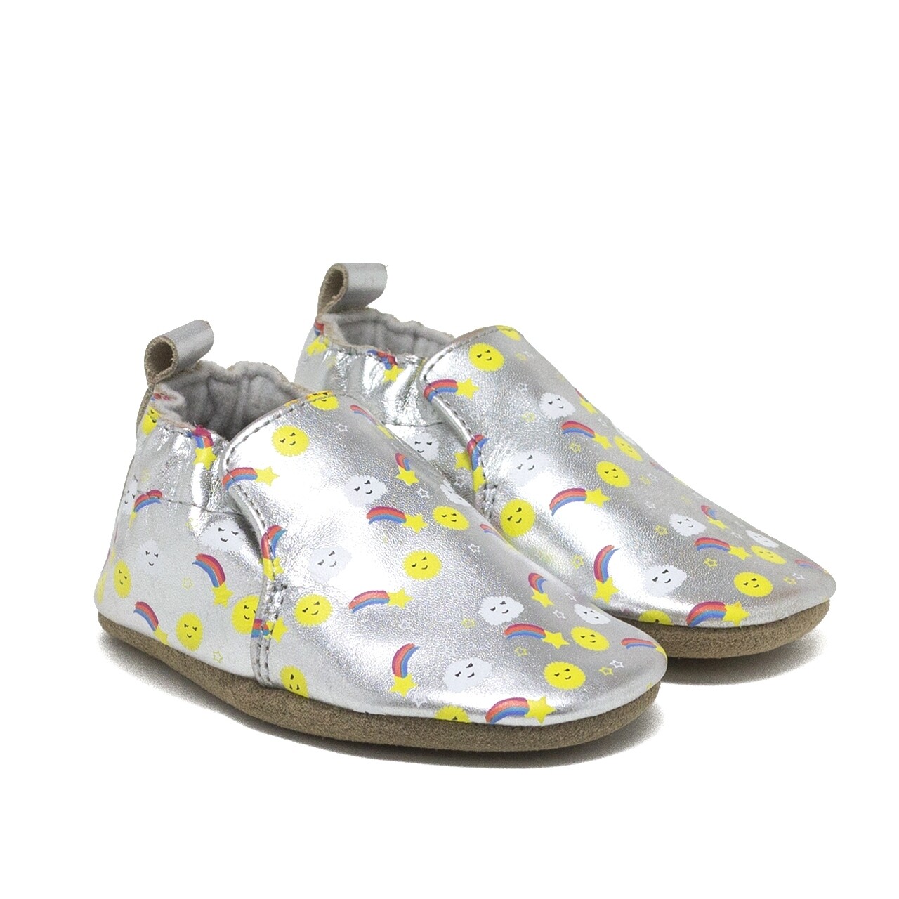 Robeez Sun Rainbow clouds silver leather soft sole shoes