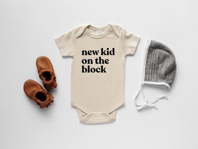 Gladfolk organic cotton short sleeved New Kid On the Block black ink bodysuit