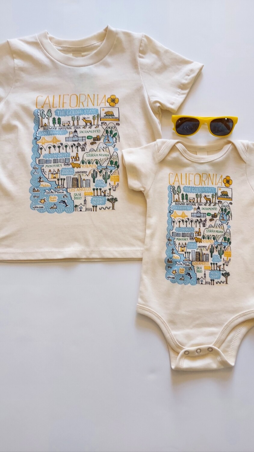 Morado Designs &quot;California Boutique Map&quot; organic cotton T Shirt or Onesie- Made in the USA